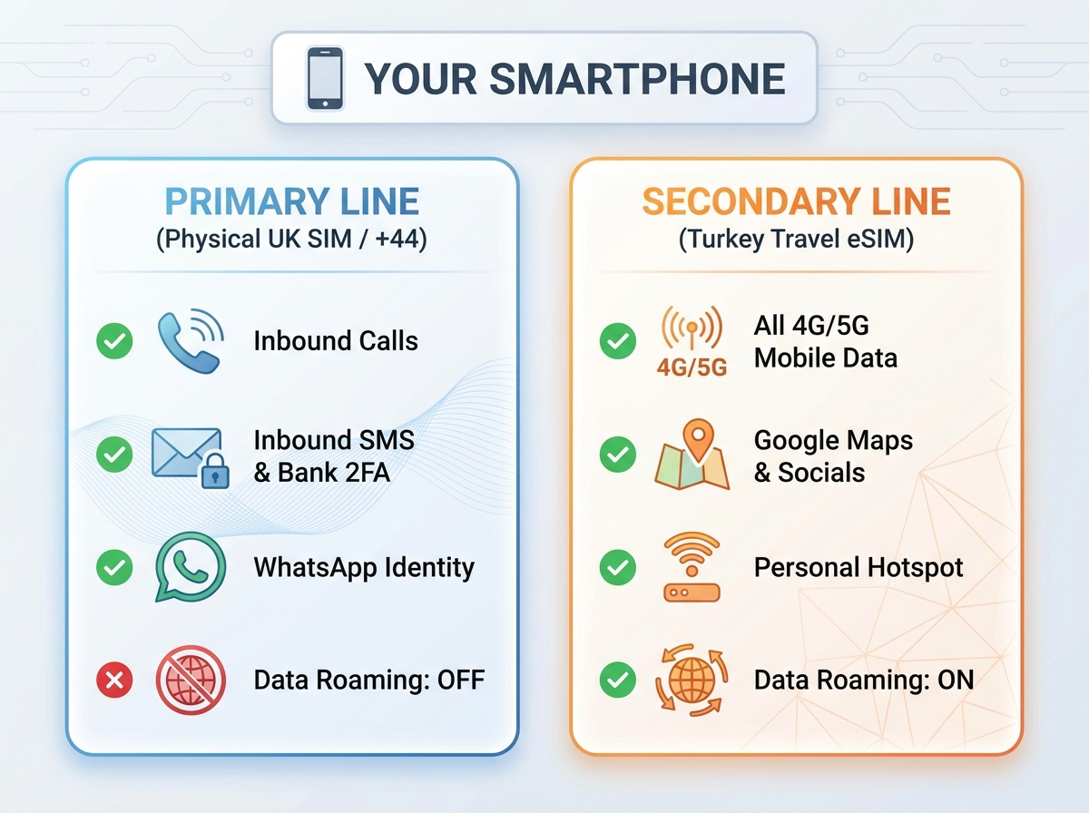 Recommended Dual SIM configuration diagram for UK travellers using a Turkey eSIM alongside their physical UK SIM card