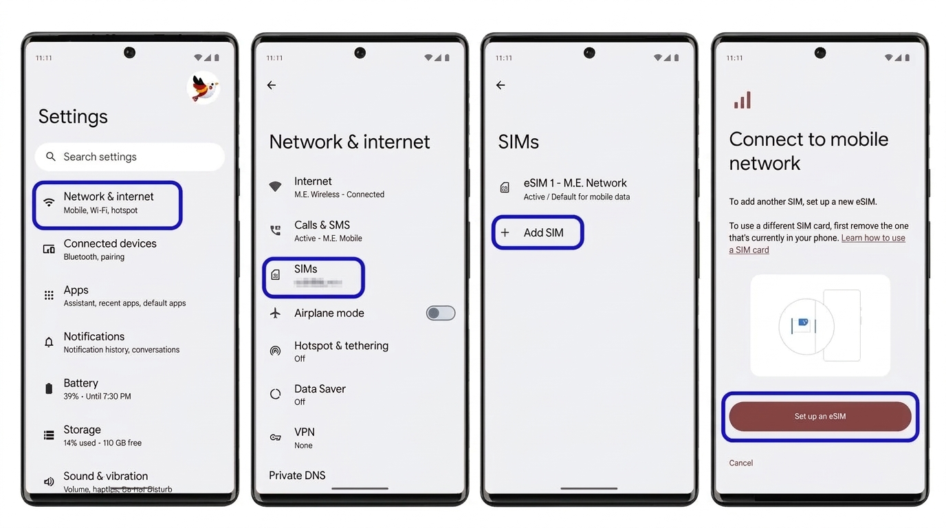 Step-by-step setup walkthrough to install an eSIM on Google Pixel